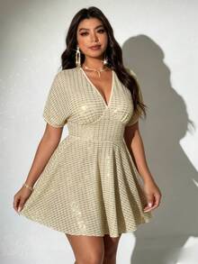 Viva Relle Plus Size Women Elegant Deep V-Neck Sequin Flared Dress, Graduation Dress - Apricot - View 3