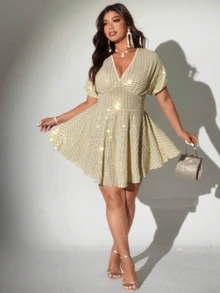 Viva Relle Plus Size Women Elegant Deep V-Neck Sequin Flared Dress, Graduation Dress - Apricot - View 5