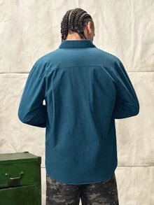 男士休闲纯棉衬衫，纯色，舒适，多口袋，复古风格，适合日常穿着，春秋季，长袖上衣 - 藏蓝色 - 查看 7