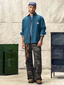 男士休闲纯棉衬衫，纯色，舒适，多口袋，复古风格，适合日常穿着，春秋季，长袖上衣 - 藏蓝色 - 查看 4