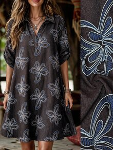 SHEIN LUNE 大尺碼女款法式休閒 1960s 90s 另類優雅牛仔刺繡長袖洋裝 早午餐 正式場合 辦公室 灰藍色 秋冬 - 咖啡棕 - 查看 5