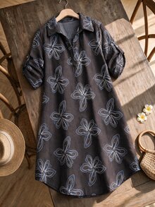 SHEIN LUNE 大尺碼女款法式休閒 1960s 90s 另類優雅牛仔刺繡長袖洋裝 早午餐 正式場合 辦公室 灰藍色 秋冬 - 咖啡棕 - 查看 4