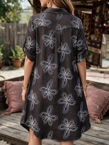 SHEIN LUNE 大尺碼女款法式休閒 1960s 90s 另類優雅牛仔刺繡長袖洋裝 早午餐 正式場合 辦公室 灰藍色 秋冬 - 咖啡棕 - 查看 2