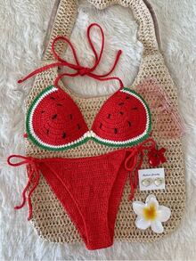 Swim Mod Women Watermelon Crochet Bikini Cover Up Set, For Vacation For Summer - Multicolor - View 1