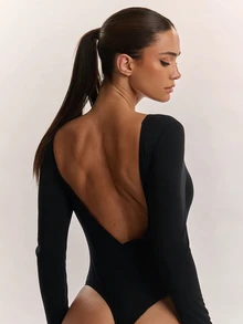 SHEIN BAE Black Sexy Backless Basic Long Sleeve Bodysuit - Black - View 1