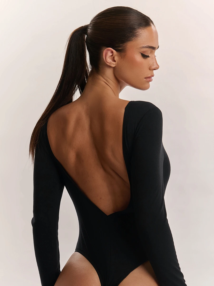 SHEIN BAE Black Sexy Backless Basic Long Sleeve Bodysuit - Black - View 1
