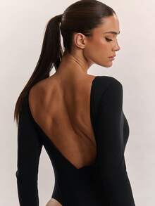 SHEIN BAE Black Sexy Backless Basic Long Sleeve Bodysuit - Black - View 4