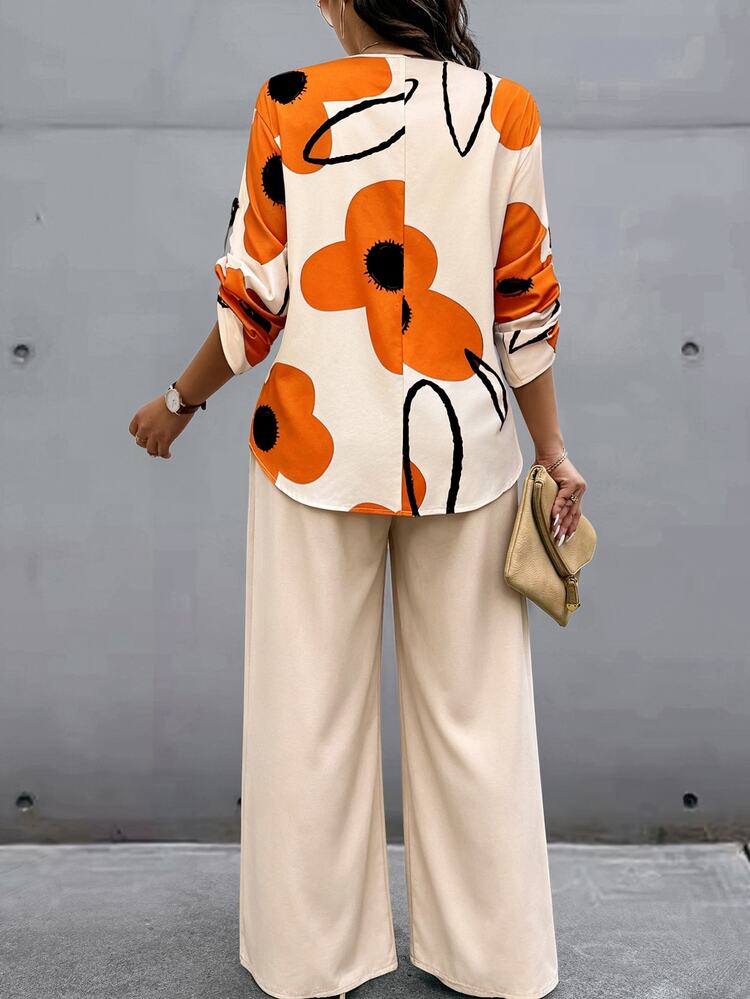 Yunfilé Women's Standard Size Autumn Solid Color Large Floral Print Matching Top And Bottom Contrast Color Casual Smart Casual Business Casual Set Fall/Winter - Multicolor - View 2