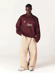SUMWON Regular Sum1 Los Angeles Script Embroidery Rugby Shirt With Contrast White Collar Long Sleeve Oversized Velvet Top - Burgundy - View 3