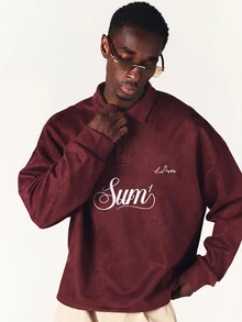 SUMWON Regular Sum1 Los Angeles Script Embroidery Rugby Shirt With Contrast White Collar Long Sleeve Oversized Velvet Top - Burgundy - View 6