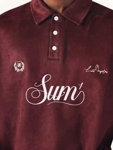 SUMWON Regular Sum1 Los Angeles Script Embroidery Rugby Shirt With Contrast White Collar Long Sleeve Oversized Velvet Top - Burgundy - View 5