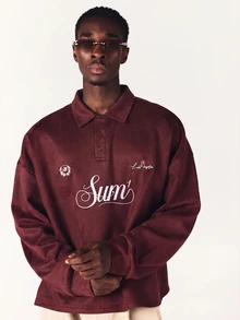 SUMWON Regular Sum1 Los Angeles Script Embroidery Rugby Shirt With Contrast White Collar Long Sleeve Oversized Velvet Top - Burgundy - View 4