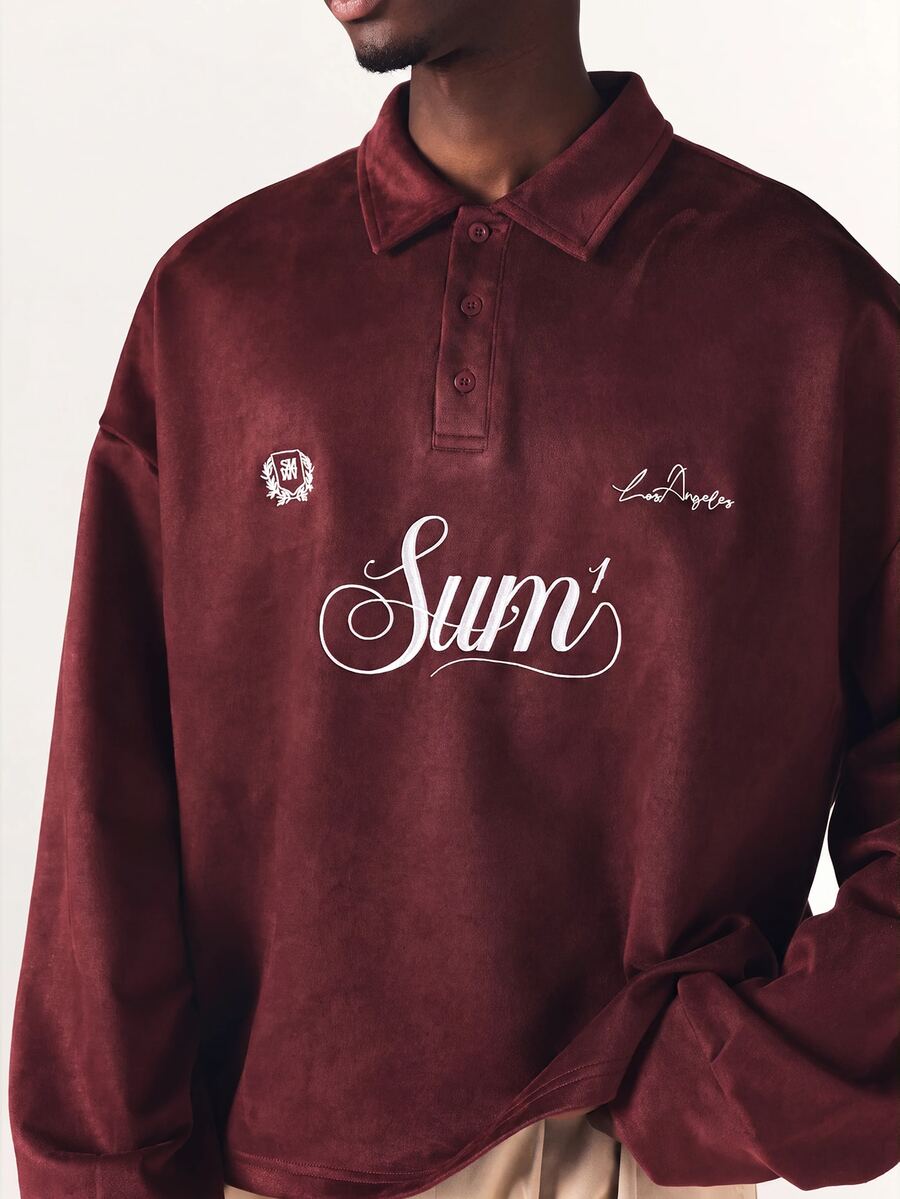SUMWON Regular Sum1 Los Angeles Script Embroidery Rugby Shirt With Contrast White Collar Long Sleeve Oversized Velvet Top - Burgundy - View 1
