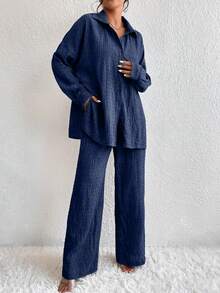 SHEIN LUNE CURVE Plus Size Casual Pleated Plaid Long Sleeve Shirt With Elastic Waist Flowy Pants Matching Set Fall - Navy Blue - View 1