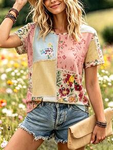 Selamara Boho Patchwork Floral Short Sleeve Tee Vintage Raw Edge Loose Crew Neck Top - White - View 3