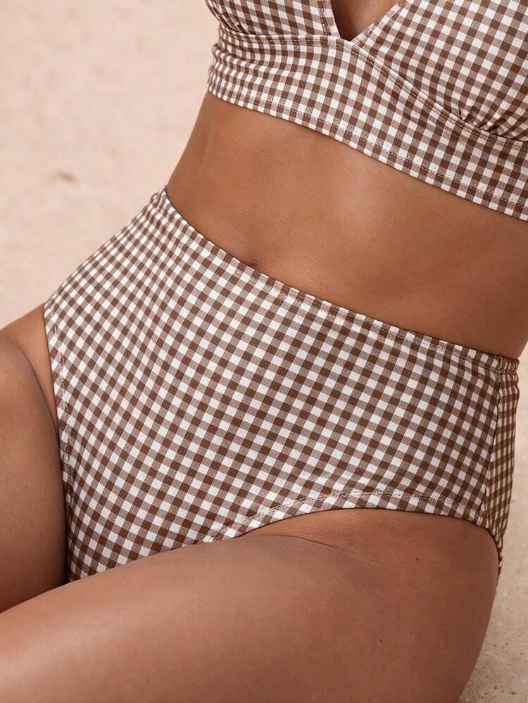 Costavie 2026 Spring/Summer Brown Plaid Random Print Deep V-Neck Backless High Waist Bikini Set For Women - Multicolor - View 3