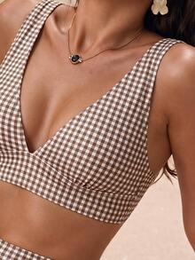 Costavie 2026 Spring/Summer Brown Plaid Random Print Deep V-Neck Backless High Waist Bikini Set For Women - Multicolor - View 4