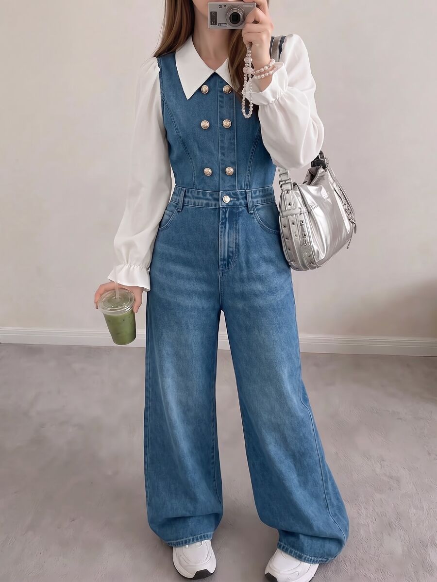 Tween Girl Fall Clothes Spring/Autumn 2 In 1 Jumpsuit, White Lapel Puff Sleeve Ruffle Long Sleeve Patchwork Double-Breasted Cinched Waist Wide Leg... - Blue - View 1
