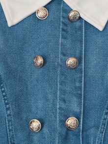 Tween Girl Fall Clothes Spring/Autumn 2 In 1 Jumpsuit, White Lapel Puff Sleeve Ruffle Long Sleeve Patchwork Double-Breasted Cinched Waist Wide Leg... - Blue - View 3