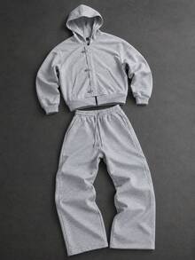 SLATEMANN Men's Solid Color Hoodie Long Sleeve Jacket And Sweatpants Casual Daily Set - Grey - View 1
