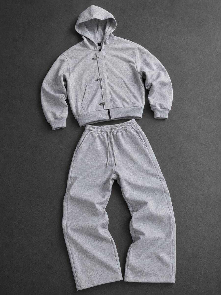 SLATEMANN Men's Solid Color Hoodie Long Sleeve Jacket And Sweatpants Casual Daily Set - Grey - View 1