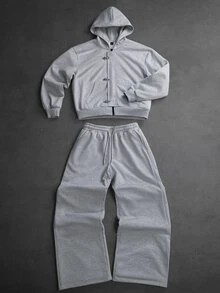 SLATEMANN Men's Solid Color Hoodie Long Sleeve Jacket And Sweatpants Casual Daily Set - Grey - View 3