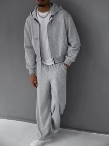 SLATEMANN Men's Solid Color Hoodie Long Sleeve Jacket And Sweatpants Casual Daily Set - Grey - View 2