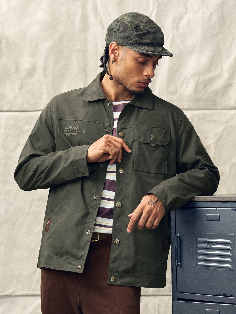 Norleigh Autumn/Winter New Men's Long Sleeve Jacket, Lapel Collar Casual Fashion Versatile Jacket, Multi-Pocket Military Green Button Work Jackets - Khaki - View 1