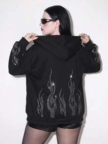 SHEIN ICON 大尺碼前拉鍊水鑽火焰印花連帽衛衣，黑色秋季休閒商務夜店教師女款，返校季 - 黑色 - 查看 1