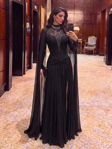 Aureia Elegantes formelles sexy romantisches modisches schwarzes Spitzen-Pailletten-Stoff-Mesh-Patchwork-Langarm-trägerloses halbtransparentes Korsett-Plissee-Rock-Schlitz-Kleid Herbst - Schwarz - Übersicht 2