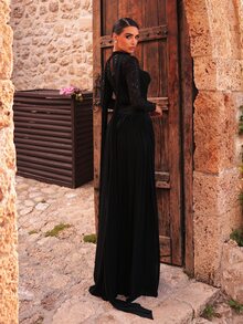 Aureia Elegantes formelles sexy romantisches modisches schwarzes Spitzen-Pailletten-Stoff-Mesh-Patchwork-Langarm-trägerloses halbtransparentes Korsett-Plissee-Rock-Schlitz-Kleid Herbst - Schwarz - Übersicht 4
