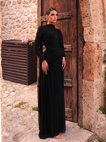 Aureia Elegantes formelles sexy romantisches modisches schwarzes Spitzen-Pailletten-Stoff-Mesh-Patchwork-Langarm-trägerloses halbtransparentes Korsett-Plissee-Rock-Schlitz-Kleid Herbst - Schwarz - Übersicht 6