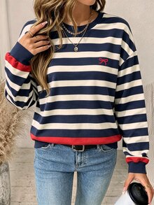 SHEIN LUNE Women's Navy Blue Striped Bowknot Round Neck Colorblock Sweatshirt - White - View 4