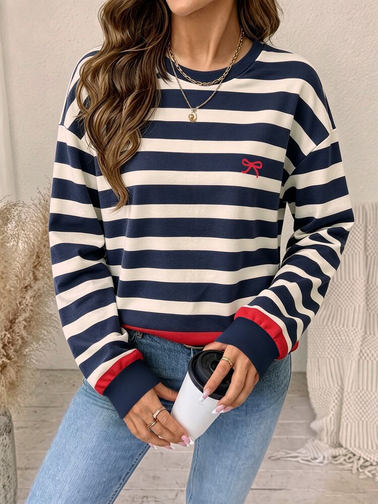 SHEIN LUNE Women's Navy Blue Striped Bowknot Round Neck Colorblock Sweatshirt - White - View 3
