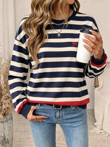SHEIN LUNE Women's Navy Blue Striped Bowknot Round Neck Colorblock Sweatshirt - White - View 7