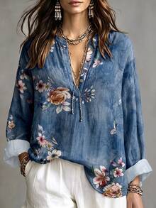 SHEIN LUNE Áo blouse nữ dệt họa tiết in phong cách thường ngày cho mùa thu - Màu xanh lam - Xem 3