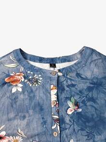 SHEIN LUNE Áo blouse nữ dệt họa tiết in phong cách thường ngày cho mùa thu - Màu xanh lam - Xem 4