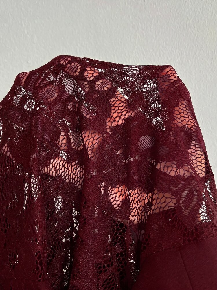 Viva Relle Plus Size Women's Elegant Romantic Sexy Party Lace Backless Blazer Collar Slim Fit Slit Long Dress, Valentine's Day Fall - Burgundy - View 5