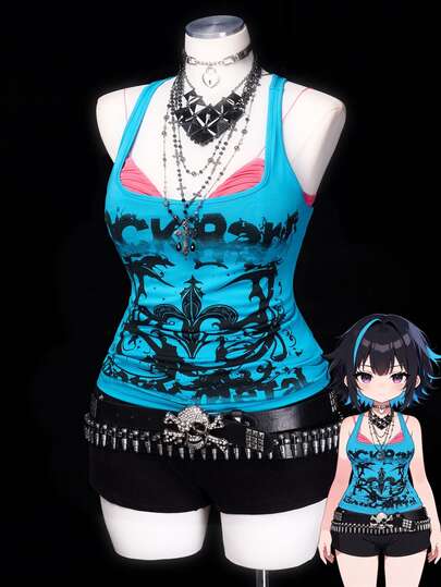 Sunspun Women's Street Subculture Letter Punk Print Tank Top, Lake Blue Contrast Tie-Dye Print Summer Streetwear