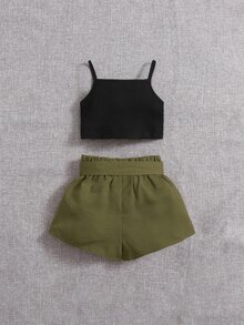 SHEIN Baby Girl Cami Top & Paperbag Waist Belted Shorts - Army Green - View 2