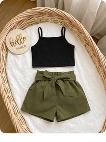 SHEIN Baby Girl Cami Top & Paperbag Waist Belted Shorts - Army Green - View 1