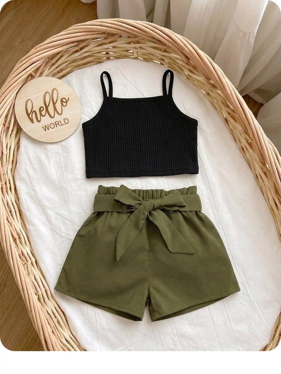 SHEIN Baby Girl Cami Top & Paperbag Waist Belted Shorts - Army Green - View 1