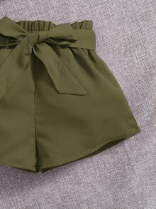 SHEIN Baby Girl Cami Top & Paperbag Waist Belted Shorts - Army Green - View 4