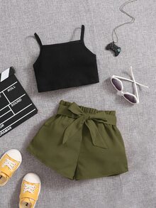 SHEIN Baby Girl Cami Top & Paperbag Waist Belted Shorts - Army Green - View 5