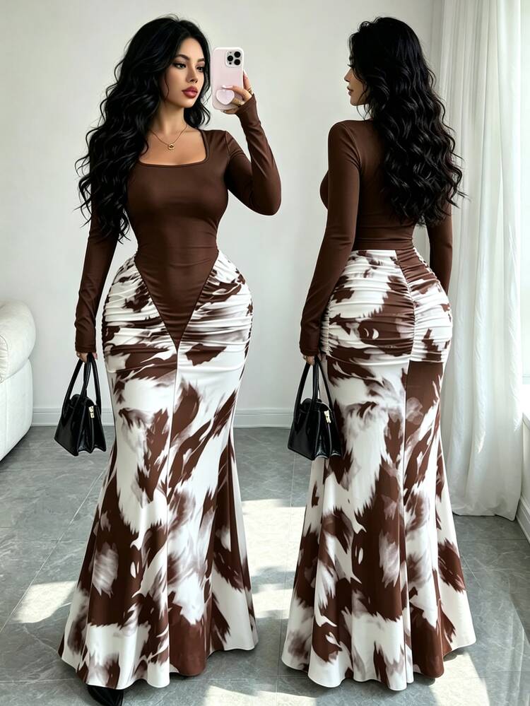 SHEIN Elenzya New Women's Square Neck Long Sleeve Pleated Hem Printed Contrast Color Design Knit Fabric Party Evening Fitted Waist Hip-Flattering Long Dress - Brown - View 1