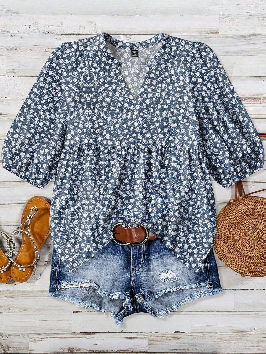 EMERY ROSE Women's V-Neck Versatile Fitted Blouse Floral Flower Autumn Cottagecore Boho Holiday Vacation Vacation Vacation Vacation - Blue - View 1