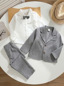 SHEIN 4pcs Young Boys Minimalist Textured Ivory White,Traditional,Wedding Suit Jacket,Pants Set,Long Sleeve Shirt,Polka Dot Bow Tie,Gentleman Outfit,Party - Light Grey - View 5