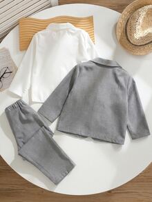 SHEIN 4pcs Young Boys Minimalist Textured Ivory White,Traditional,Wedding Suit Jacket,Pants Set,Long Sleeve Shirt,Polka Dot Bow Tie,Gentleman Outfit,Party - Light Grey - View 7