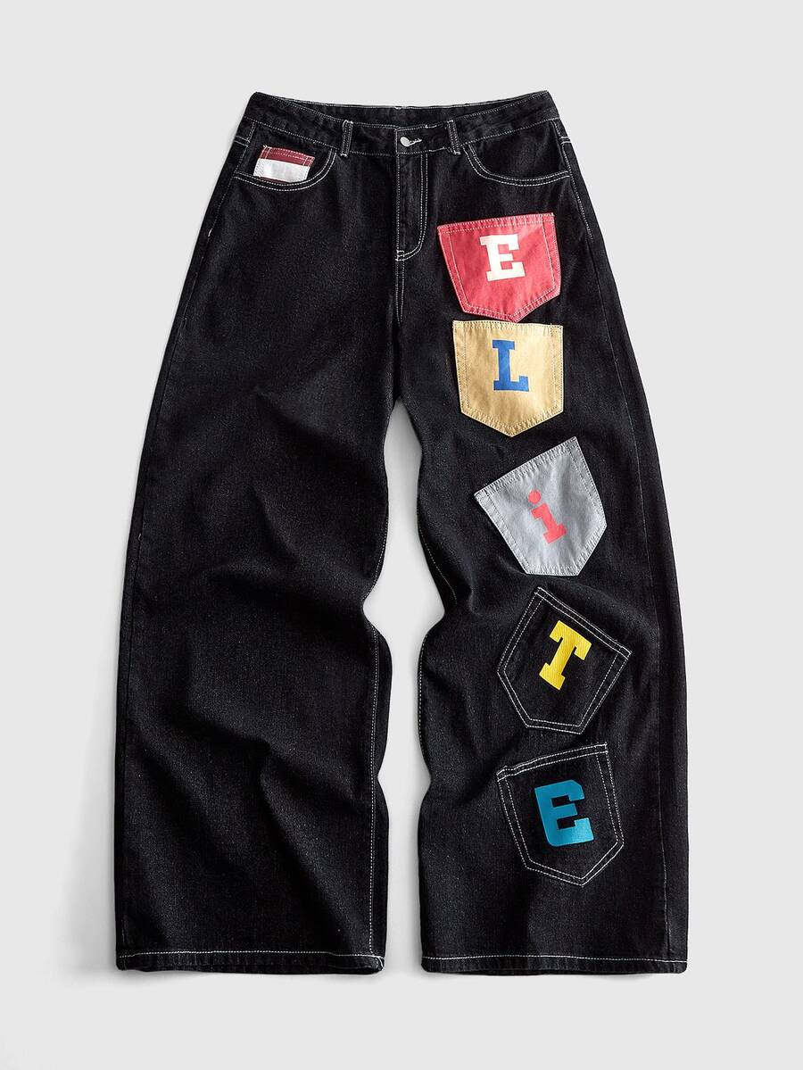 ROMWE MEN Men's Loose Fit Multi-Pocket Denim Jeans - Black - View 1