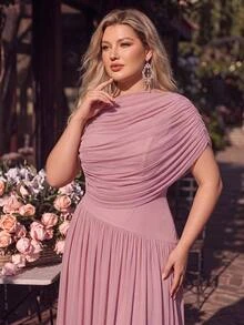 Glamrae Plus Size Elegant Minimalist Lotus Pink Elastic Mesh Stand Collar Ruched One Shoulder Draped Neck Slim Fit A-Line Dress, Suitable For Evening Party Date Ball Vacation Wedding Event Bridesmaid - Dusty Pink - View 9